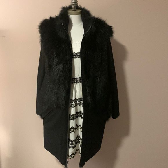 Donna Karan New York Black Wool Coat with Faux Fur size estimate 4-6- Like New - Picture 2 of 16